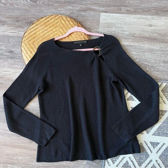 Ralph Lauren black label 100% linen black blouse w/ metal ring‎ cut out size XL - Picture 1 of 7